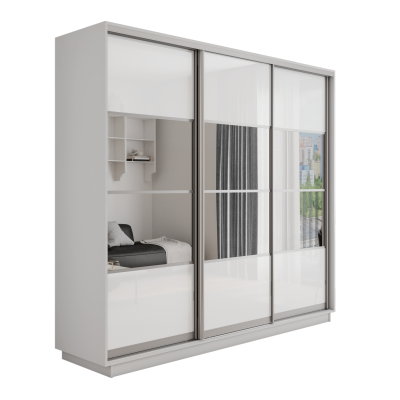 Оптим 3-х дверный 4 секции (Стекло белое, Зеркало) (Белый снег 1500х2200х440 К-3.1 Серебро профиль)